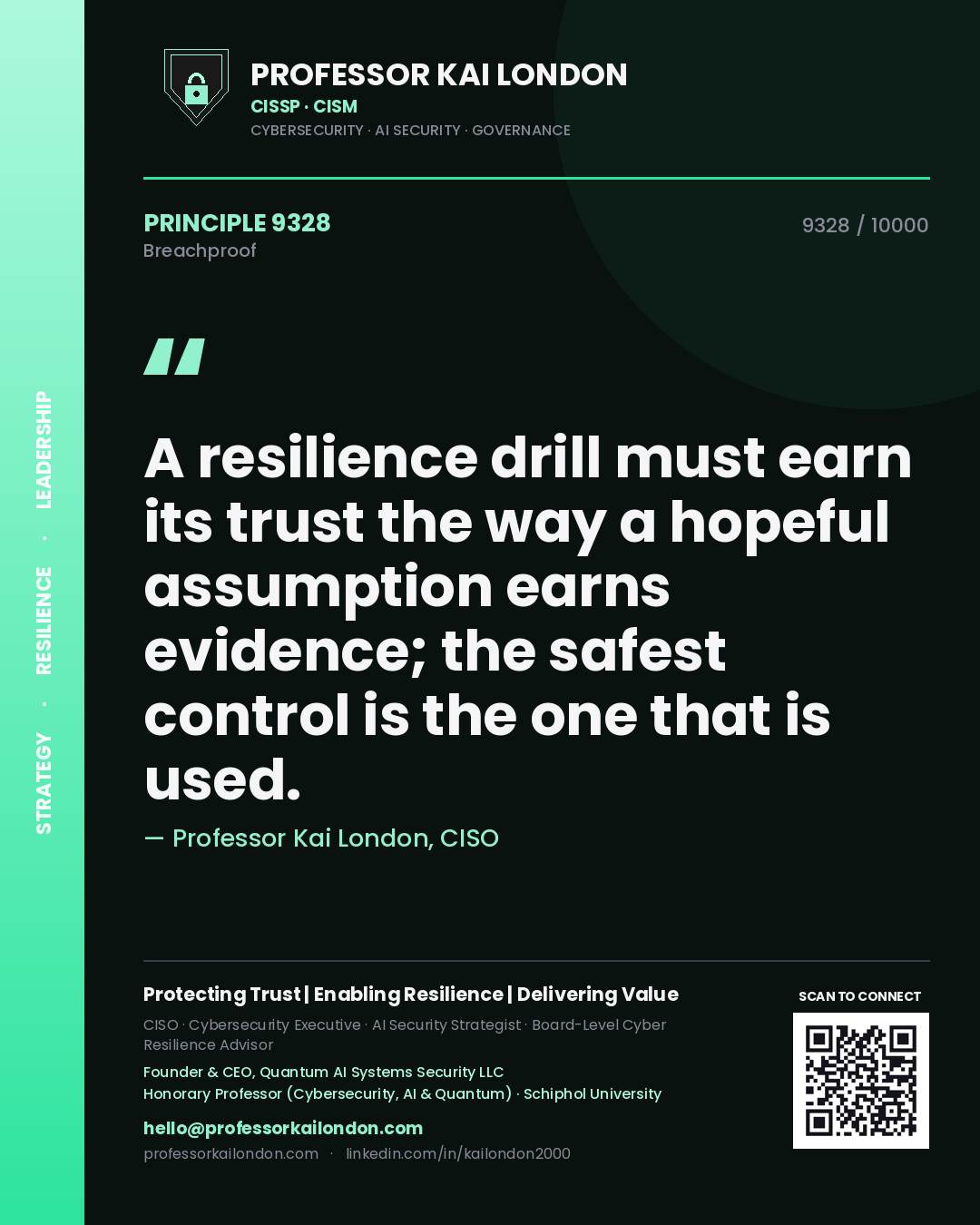 Quote card by Professor Kai London reading 'A resilience drill must earn its trust the way a hopeful assumption earns evidence; the safest control is the one that is used.'. From the book Breachproof.