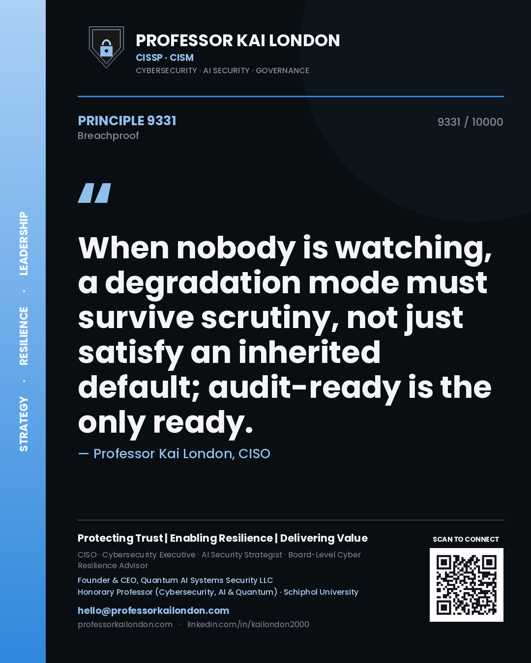 Quote card by Professor Kai London reading 'When nobody is watching, a degradation mode must survive scrutiny, not just satisfy an inherited default; audit-ready is the only ready.'. From the book Breachproof.
