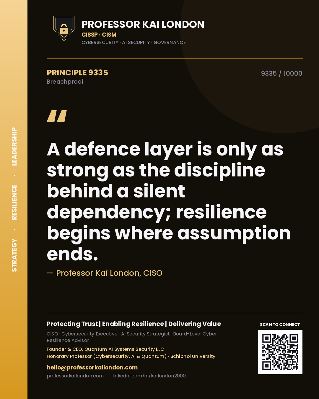 Quote card by Professor Kai London reading 'A defence layer is only as strong as the discipline behind a silent dependency; resilience begins where assumption ends.'. From the book Breachproof.