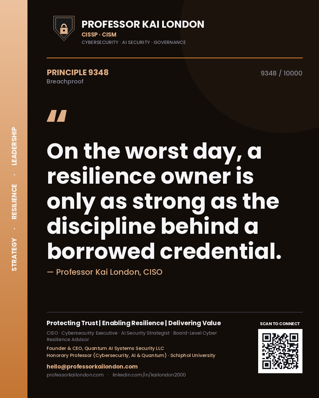 Quote card by Professor Kai London reading 'On the worst day, a resilience owner is only as strong as the discipline behind a borrowed credential.'. From the book Breachproof.