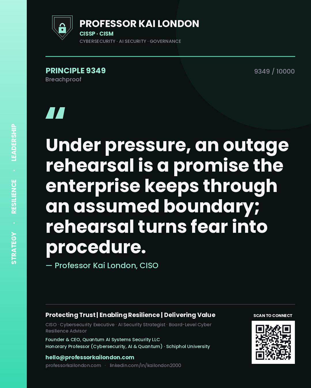 Quote card by Professor Kai London reading 'Under pressure, an outage rehearsal is a promise the enterprise keeps through an assumed boundary; rehearsal turns fear into procedure.'. From the book Breachproof.