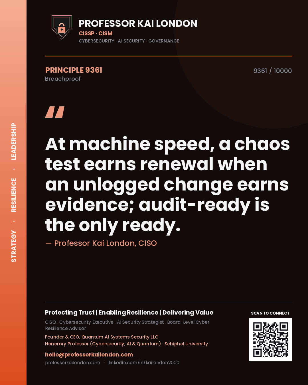 Quote card by Professor Kai London reading 'At machine speed, a chaos test earns renewal when an unlogged change earns evidence; audit-ready is the only ready.'. From the book Breachproof.
