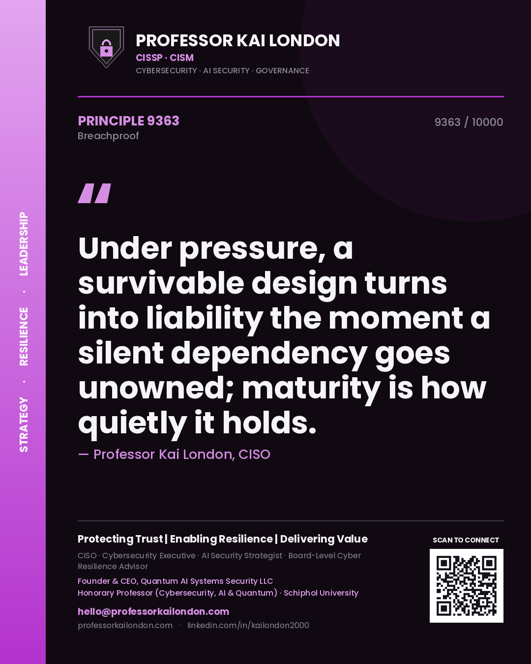 Quote card by Professor Kai London reading 'Under pressure, a survivable design turns into liability the moment a silent dependency goes unowned; maturity is how quietly it holds.'. From the book Breachproof.