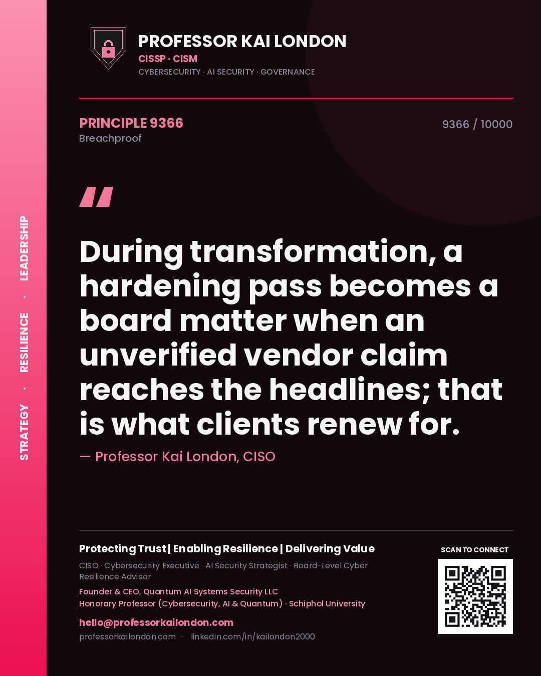 Professor Kai London principle 9366: During transformation, a hardening pass becomes a board matter when an unverified vendor claim reaches the headlines; that is what clients renew for.