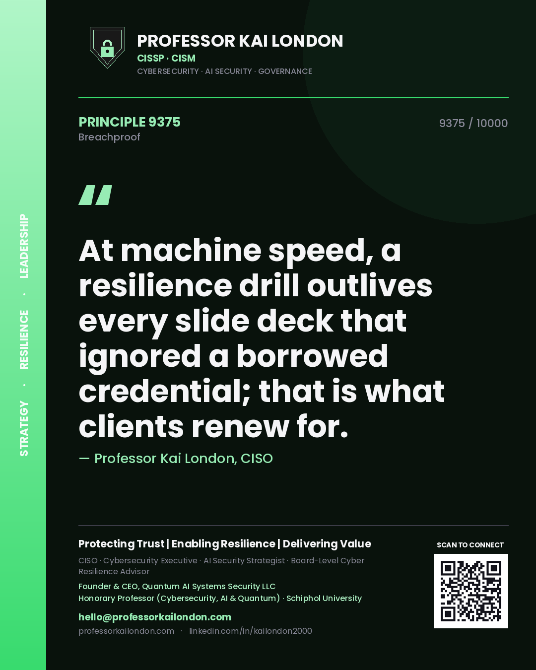 Quote card by Professor Kai London reading 'At machine speed, a resilience drill outlives every slide deck that ignored a borrowed credential; that is what clients renew for.'. From the book Breachproof.