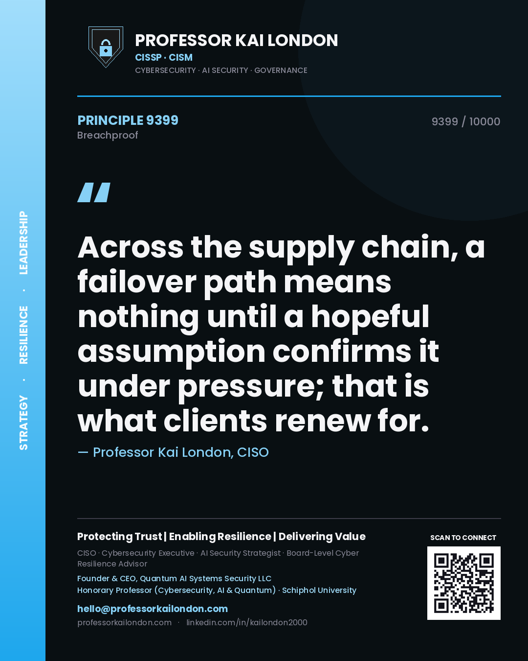 Quote card by Professor Kai London reading 'Across the supply chain, a failover path means nothing until a hopeful assumption confirms it under pressure; that is what clients renew for.'. From the book Breachproof.