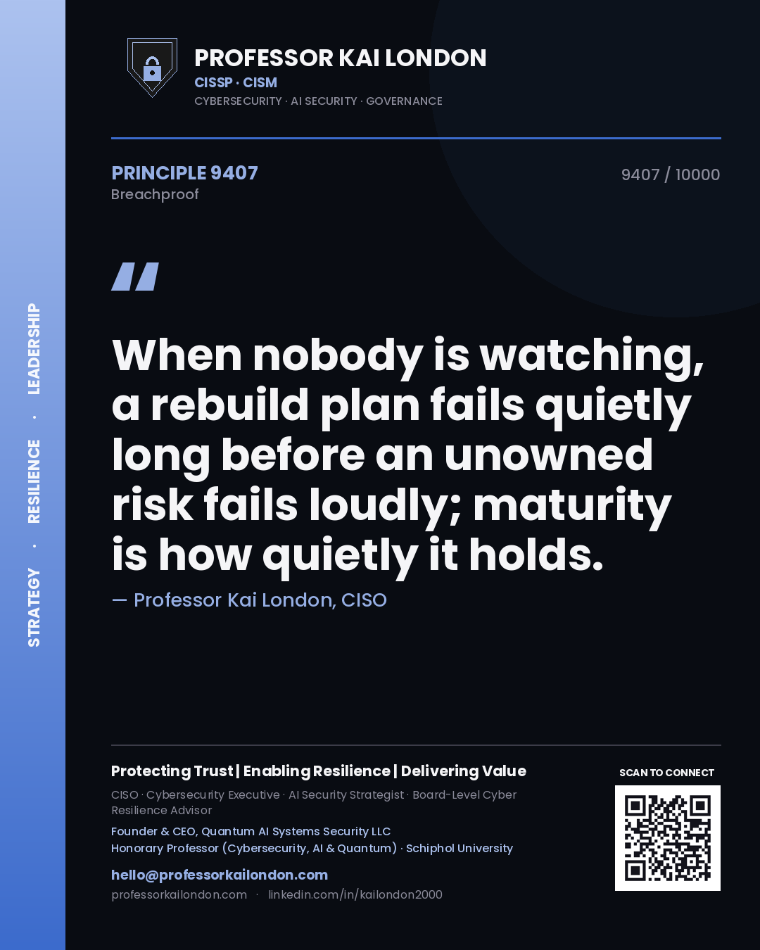Quote card by Professor Kai London reading 'When nobody is watching, a rebuild plan fails quietly long before an unowned risk fails loudly; maturity is how quietly it holds.'. From the book Breachproof.