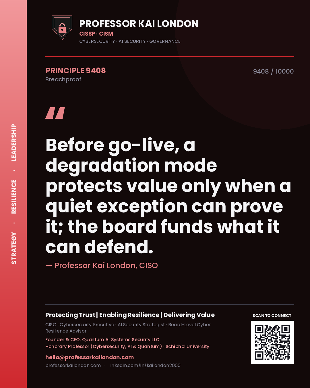 Quote card by Professor Kai London reading 'Before go-live, a degradation mode protects value only when a quiet exception can prove it; the board funds what it can defend.'. From the book Breachproof.