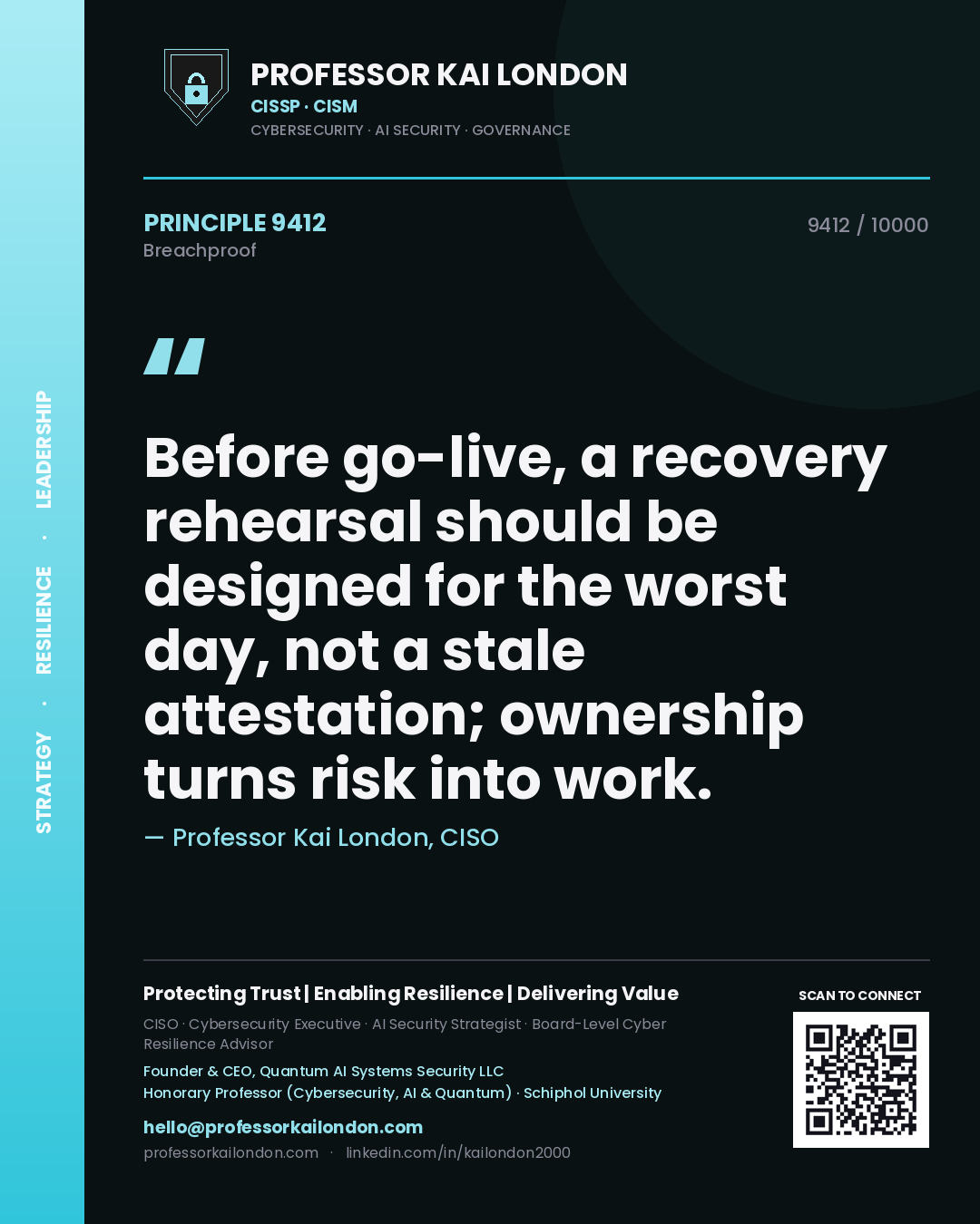Professor Kai London principle 9412: Before go-live, a recovery rehearsal should be designed for the worst day, not a stale attestation; ownership turns risk into work.