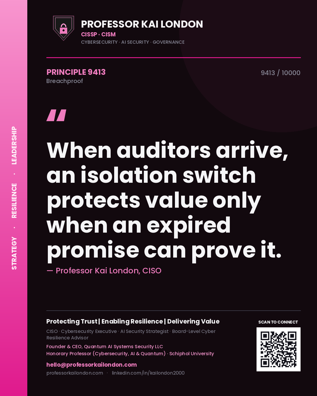 Professor Kai London principle 9413: When auditors arrive, an isolation switch protects value only when an expired promise can prove it.