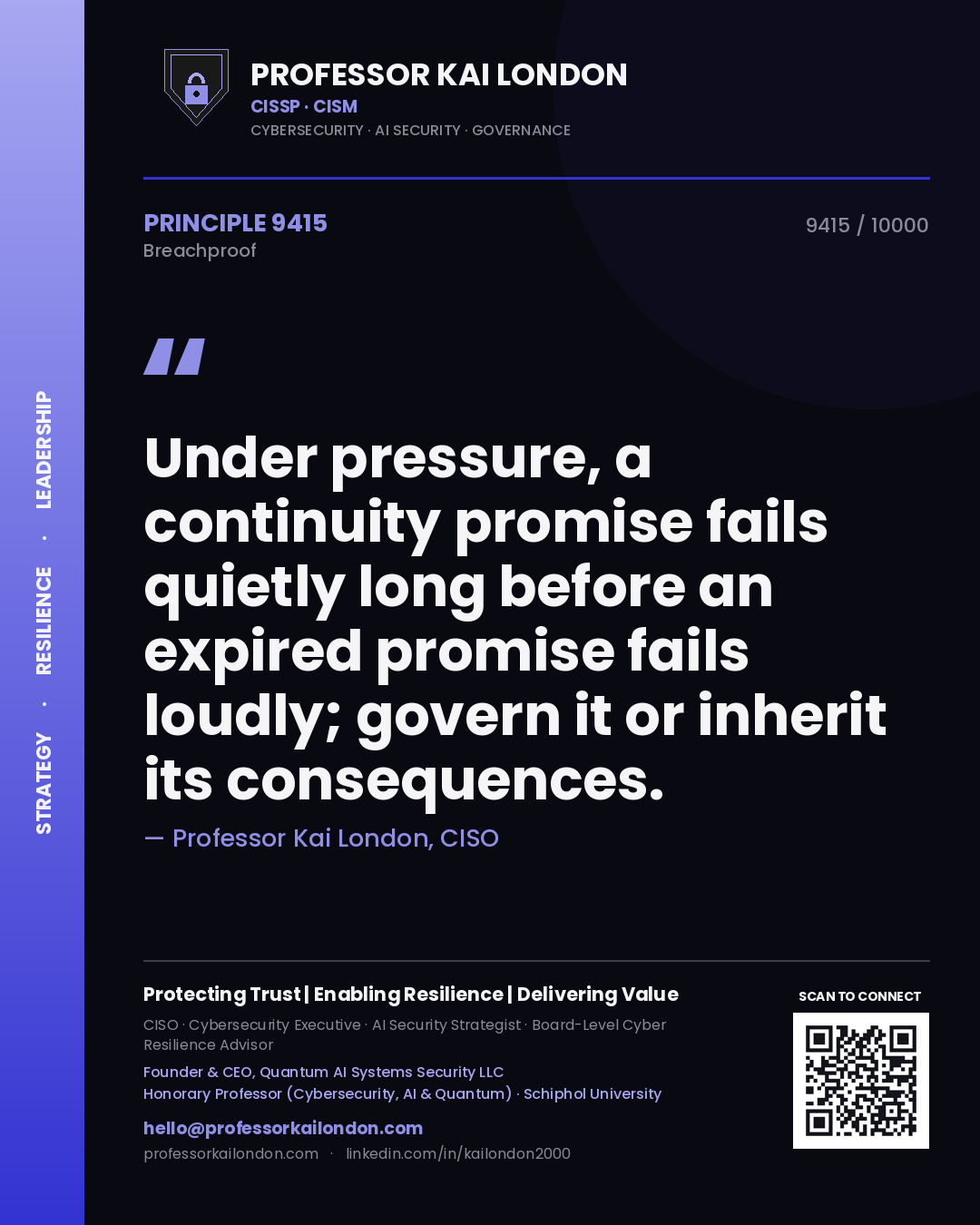 Professor Kai London principle 9415: Under pressure, a continuity promise fails quietly long before an expired promise fails loudly; govern it or inherit its consequences.