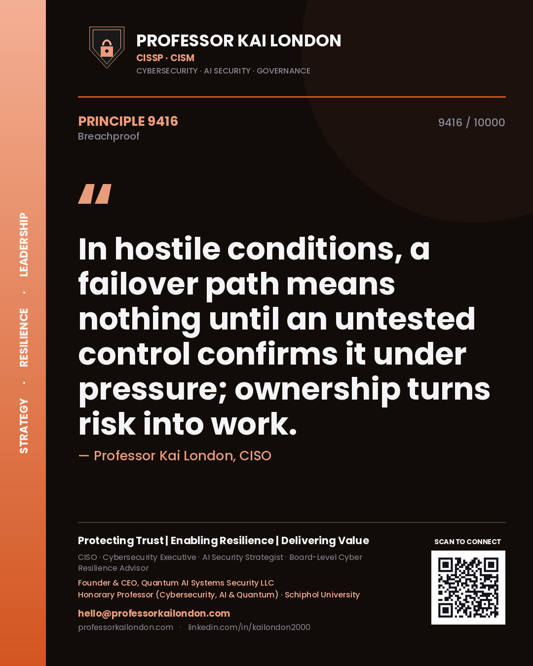 Quote card by Professor Kai London reading 'In hostile conditions, a failover path means nothing until an untested control confirms it under pressure; ownership turns risk into work.'. From the book Breachproof.
