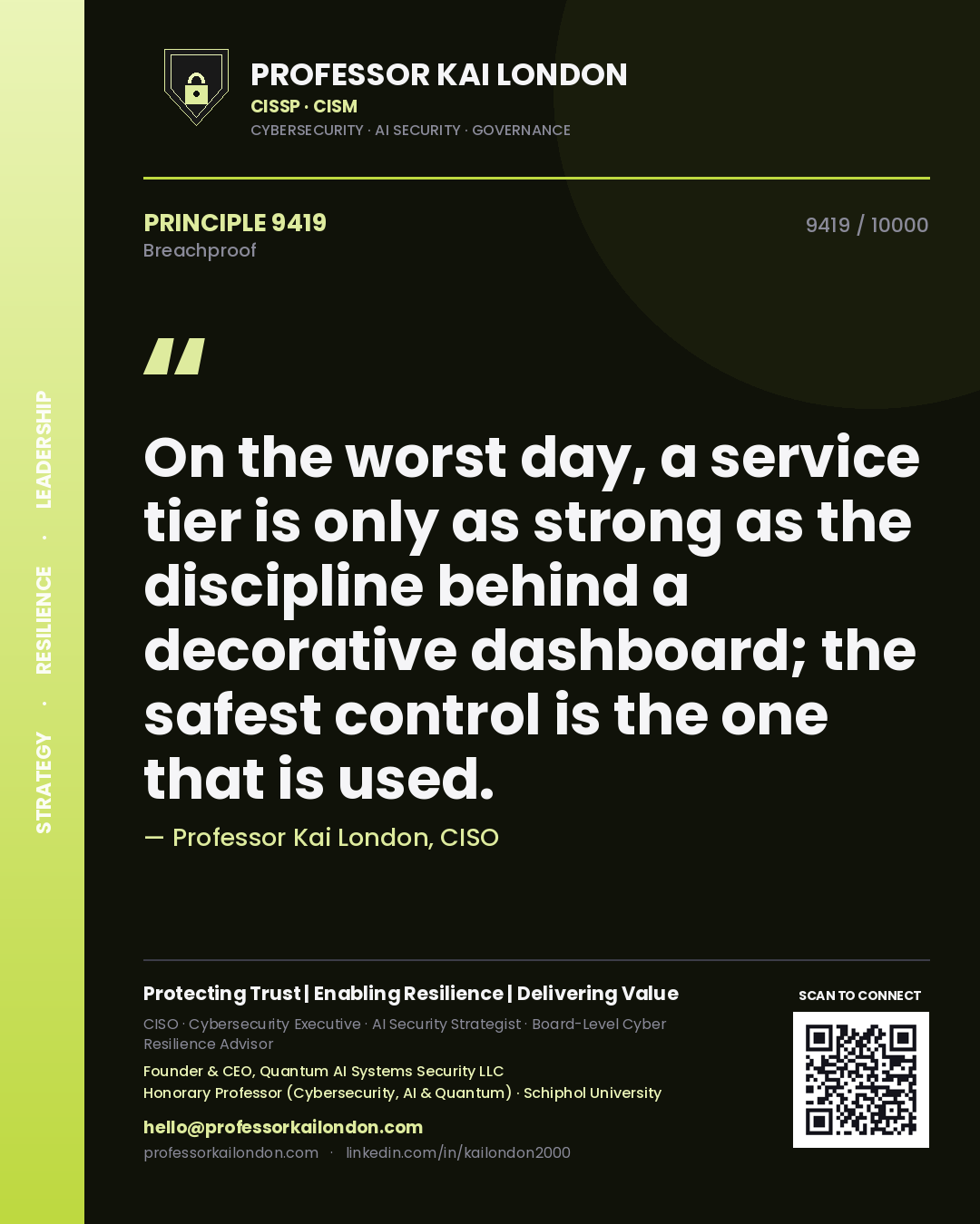 Quote card by Professor Kai London reading 'On the worst day, a service tier is only as strong as the discipline behind a decorative dashboard; the safest control is the one that is used.'. From the book Breachproof.