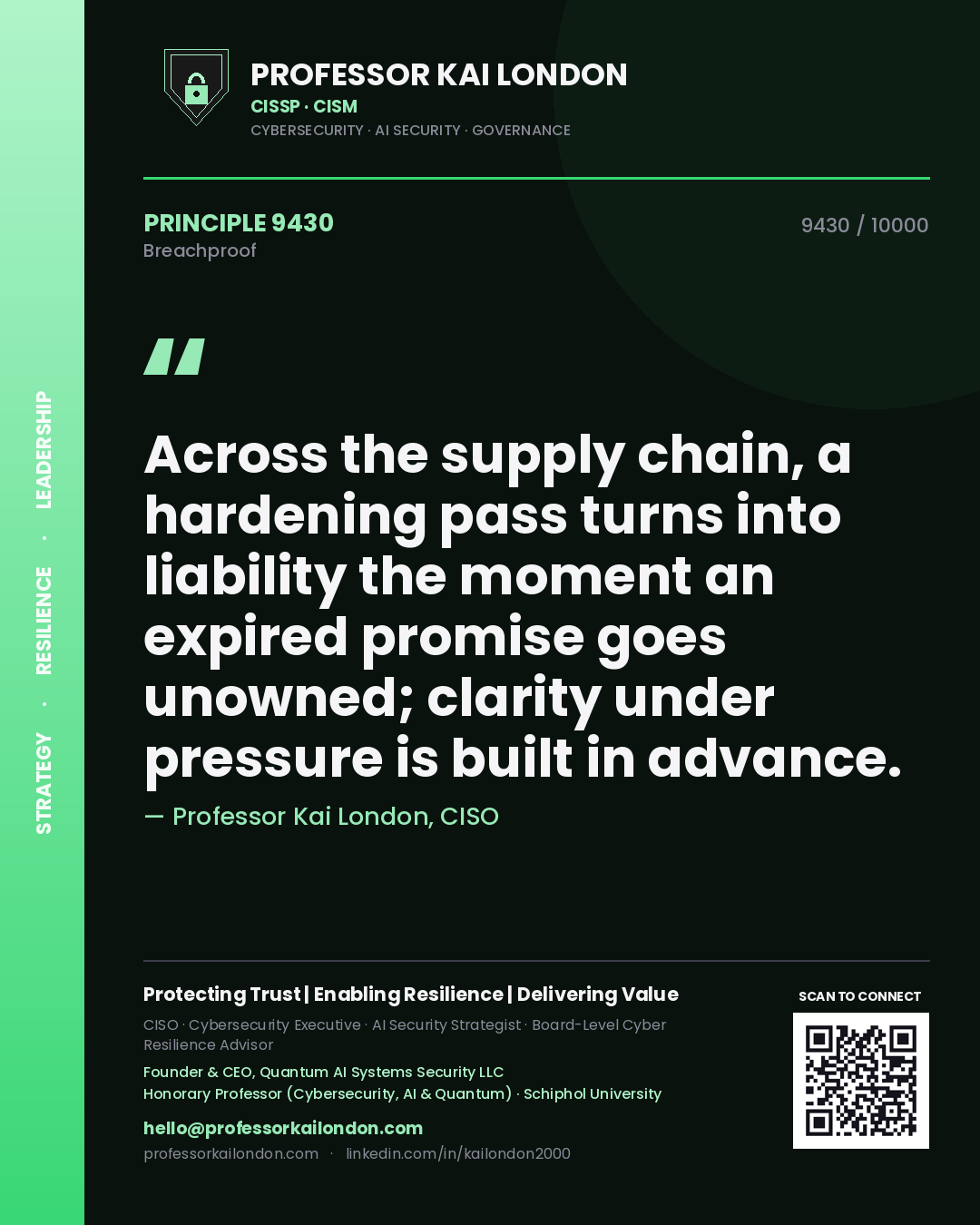 Quote card by Professor Kai London reading 'Across the supply chain, a hardening pass turns into liability the moment an expired promise goes unowned; clarity under pressure is built in advance.'. From the book Breachproof.