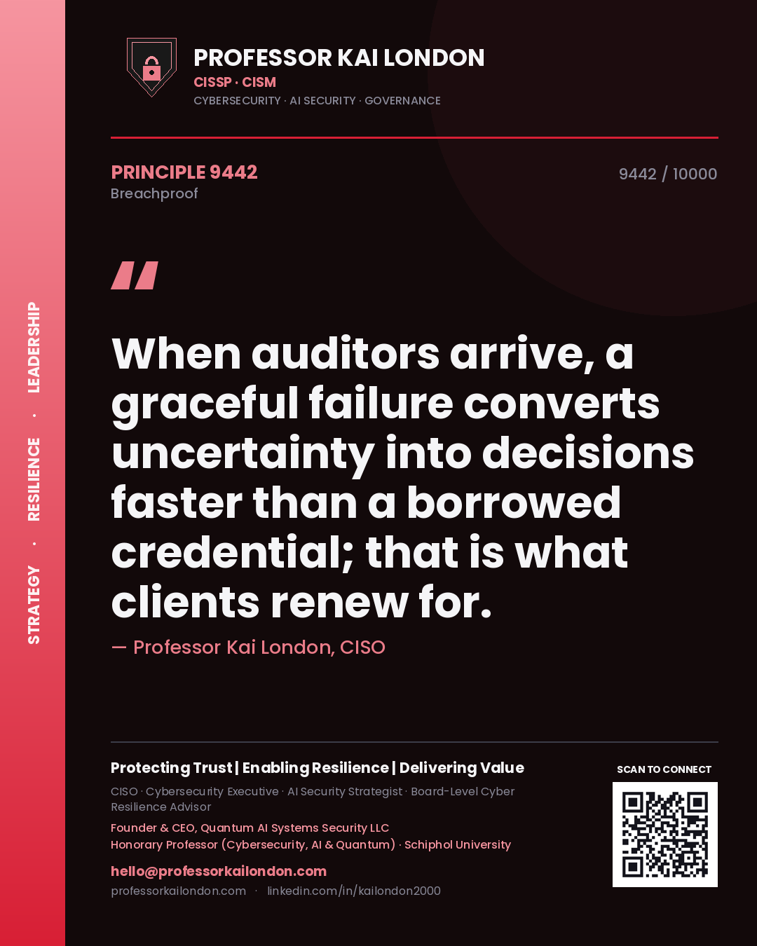 Quote card by Professor Kai London reading 'When auditors arrive, a graceful failure converts uncertainty into decisions faster than a borrowed credential; that is what clients renew for.'. From the book Breachproof.