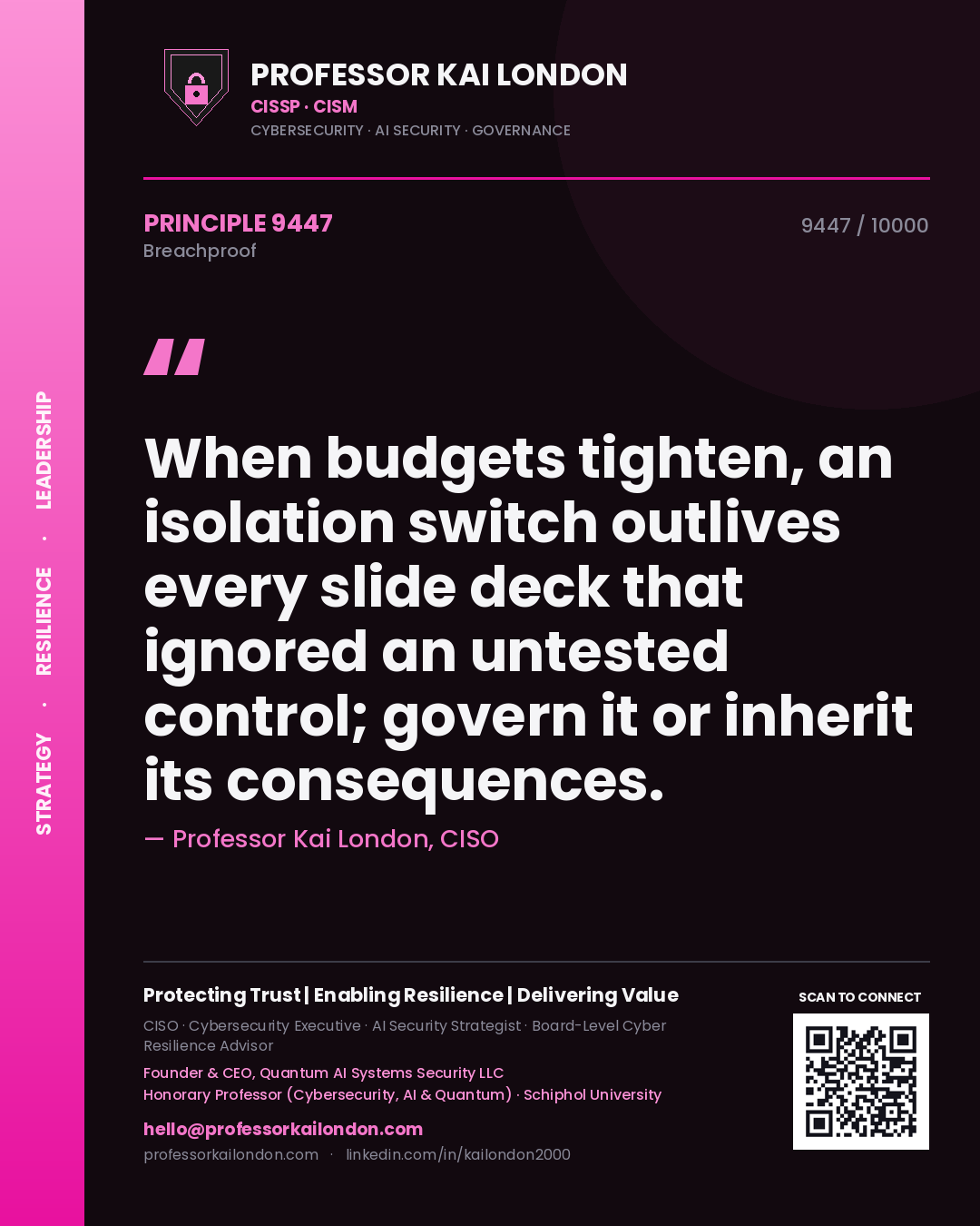 Quote card by Professor Kai London reading 'When budgets tighten, an isolation switch outlives every slide deck that ignored an untested control; govern it or inherit its consequences.'. From the book Breachproof.