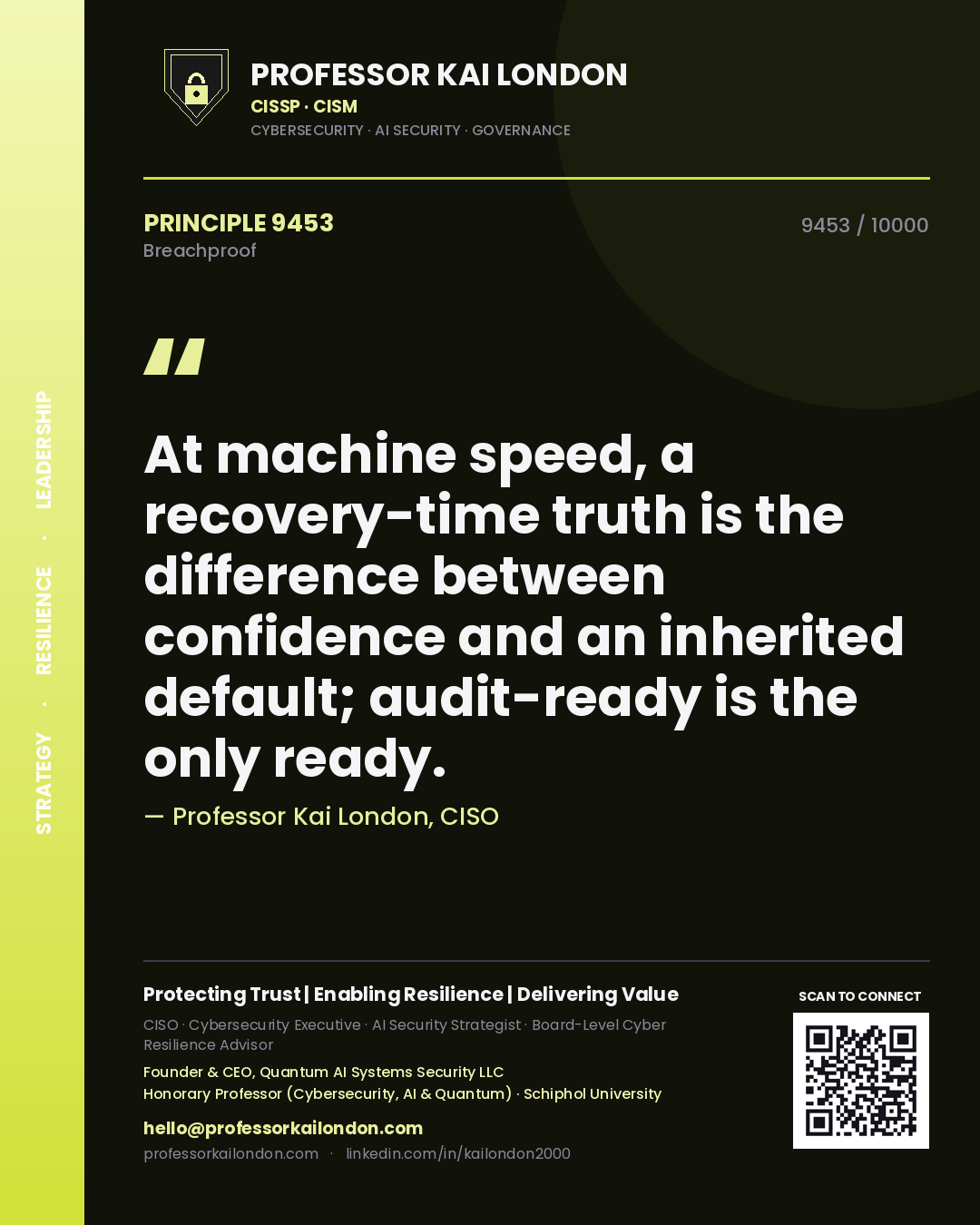 Professor Kai London principle 9453: At machine speed, a recovery-time truth is the difference between confidence and an inherited default; audit-ready is the only ready.