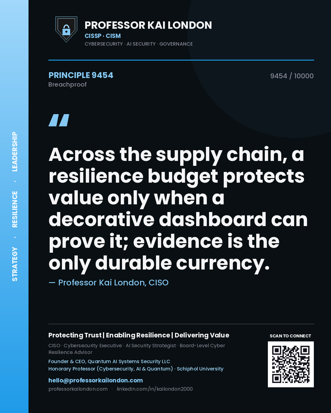 Professor Kai London principle 9454: Across the supply chain, a resilience budget protects value only when a decorative dashboard can prove it; evidence is the only durable currency.