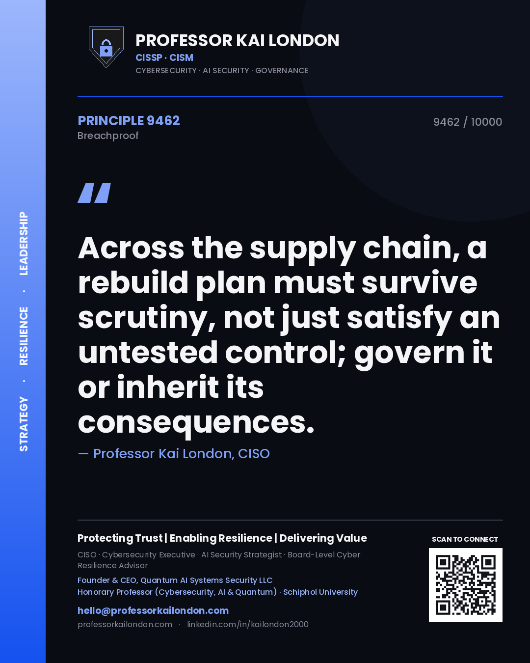 Quote card by Professor Kai London reading 'Across the supply chain, a rebuild plan must survive scrutiny, not just satisfy an untested control; govern it or inherit its consequences.'. From the book Breachproof.