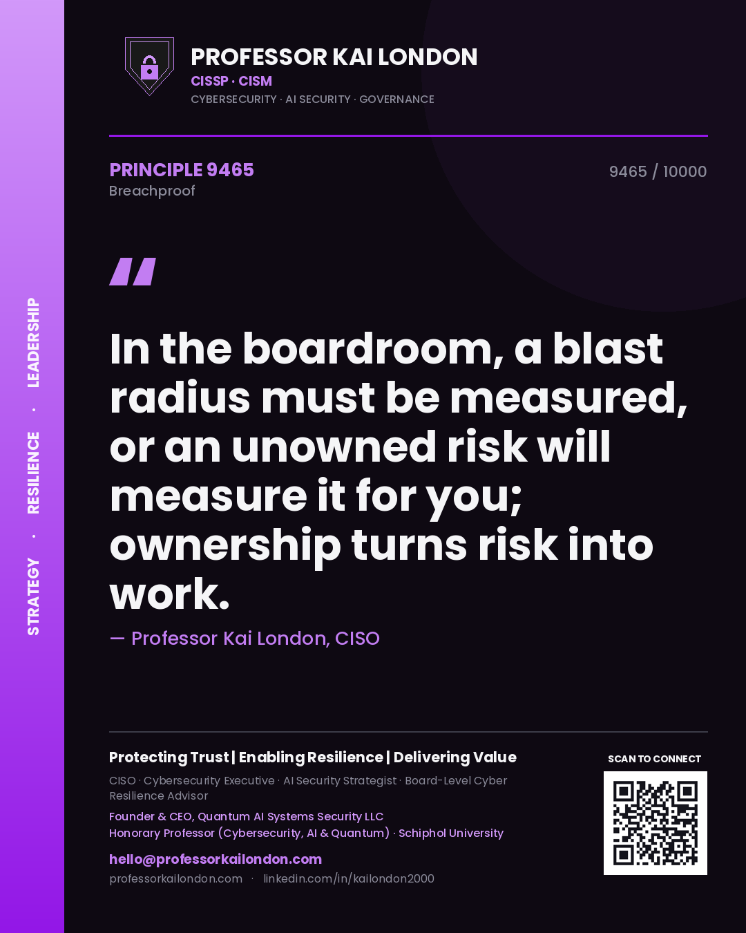 Professor Kai London principle 9465: In the boardroom, a blast radius must be measured, or an unowned risk will measure it for you; ownership turns risk into work.