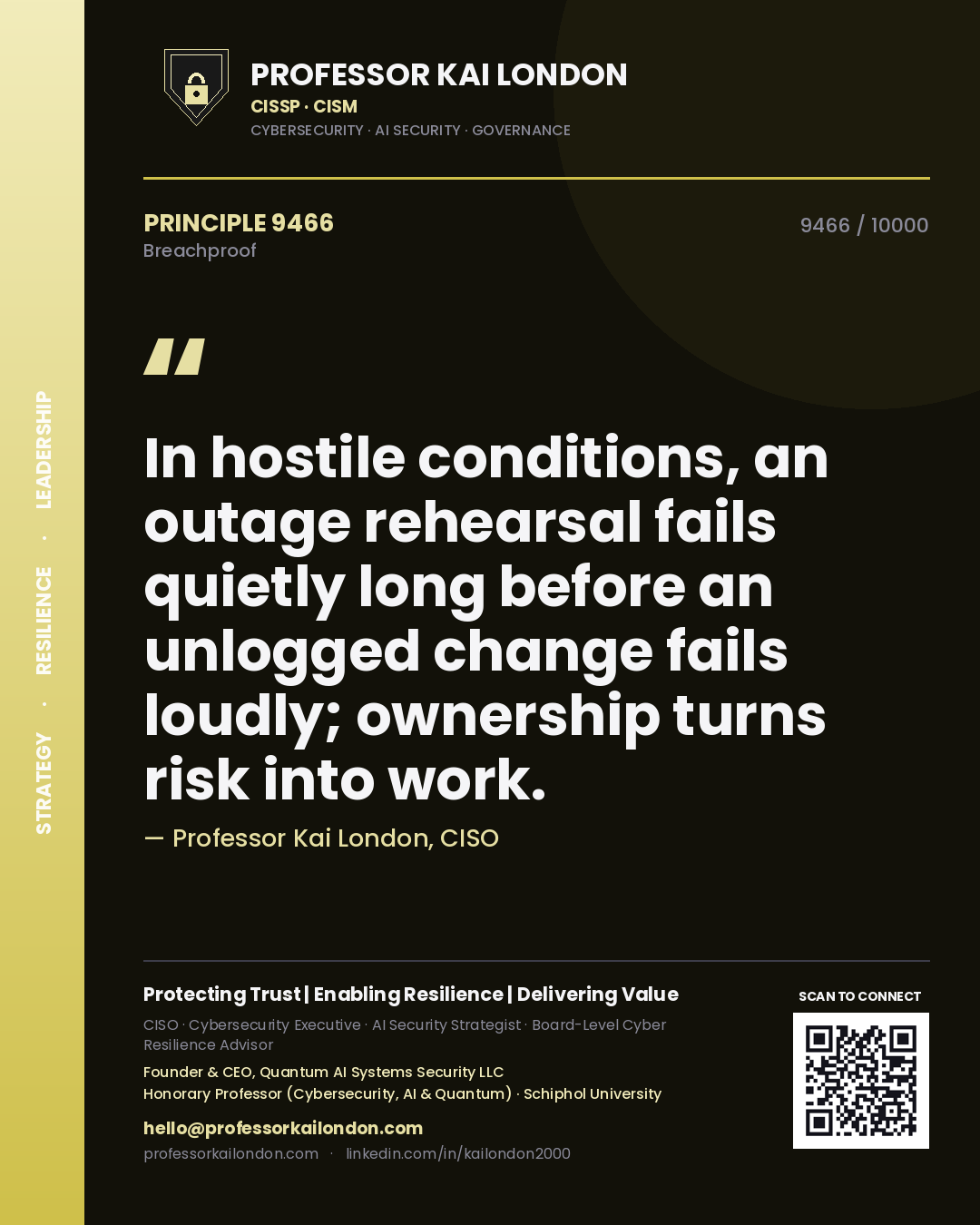 Quote card by Professor Kai London reading 'In hostile conditions, an outage rehearsal fails quietly long before an unlogged change fails loudly; ownership turns risk into work.'. From the book Breachproof.