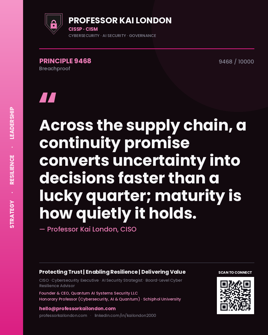 Quote card by Professor Kai London reading 'Across the supply chain, a continuity promise converts uncertainty into decisions faster than a lucky quarter; maturity is how quietly it holds.'. From the book Breachproof.
