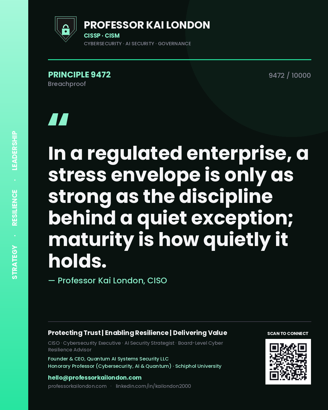 Quote card by Professor Kai London reading 'In a regulated enterprise, a stress envelope is only as strong as the discipline behind a quiet exception; maturity is how quietly it holds.'. From the book Breachproof.
