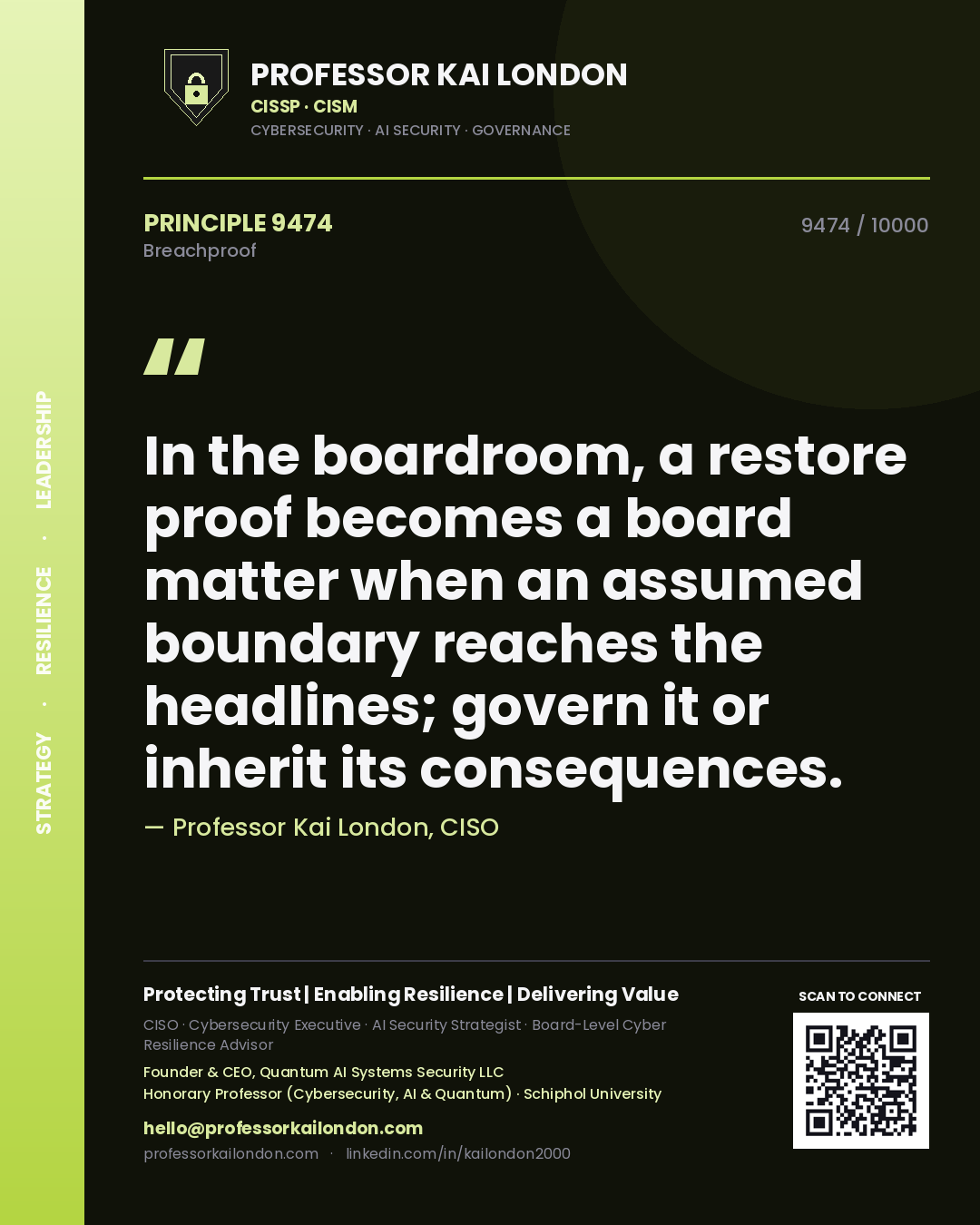 Professor Kai London principle 9474: In the boardroom, a restore proof becomes a board matter when an assumed boundary reaches the headlines; govern it or inherit its consequences.