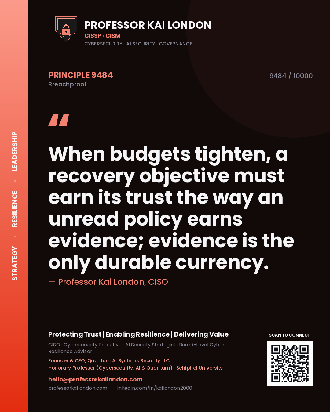 Quote card by Professor Kai London reading 'When budgets tighten, a recovery objective must earn its trust the way an unread policy earns evidence; evidence is the only durable currency.'. From the book Breachproof.