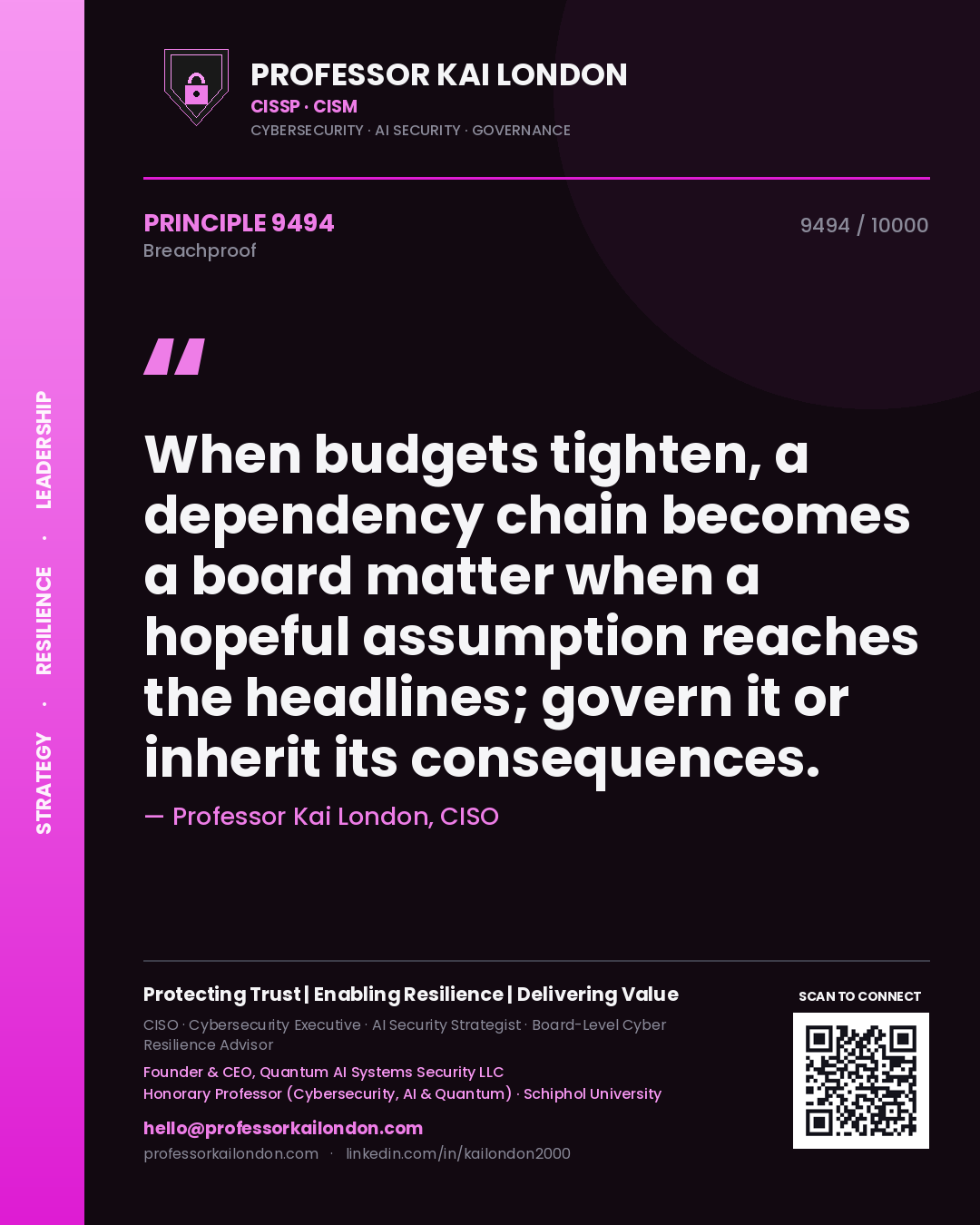 Professor Kai London principle 9494: When budgets tighten, a dependency chain becomes a board matter when a hopeful assumption reaches the headlines; govern it or inherit its consequences.