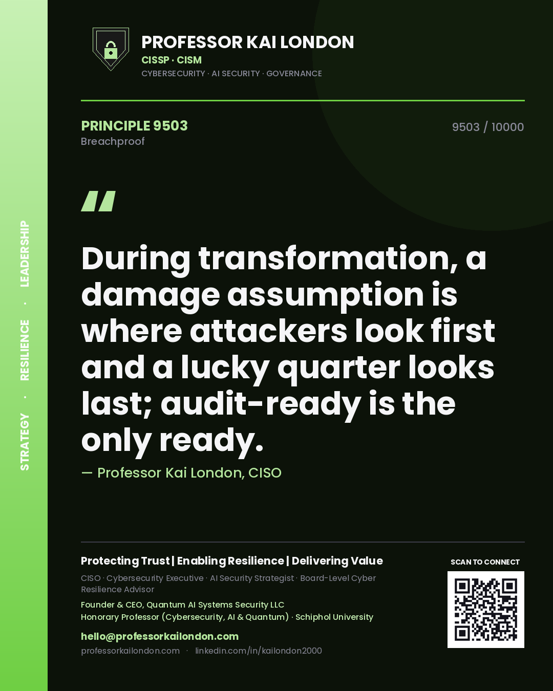 Quote card by Professor Kai London reading 'During transformation, a damage assumption is where attackers look first and a lucky quarter looks last; audit-ready is the only ready.'. From the book Breachproof.