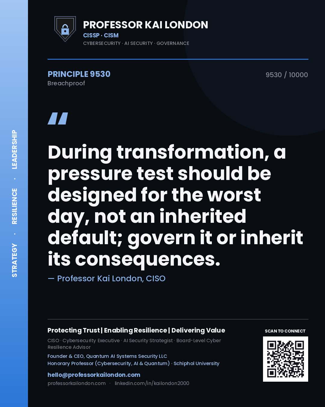 Quote card by Professor Kai London reading 'During transformation, a pressure test should be designed for the worst day, not an inherited default; govern it or inherit its consequences.'. From the book Breachproof.