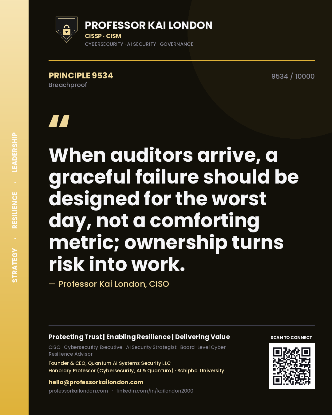 Professor Kai London principle 9534: When auditors arrive, a graceful failure should be designed for the worst day, not a comforting metric; ownership turns risk into work.