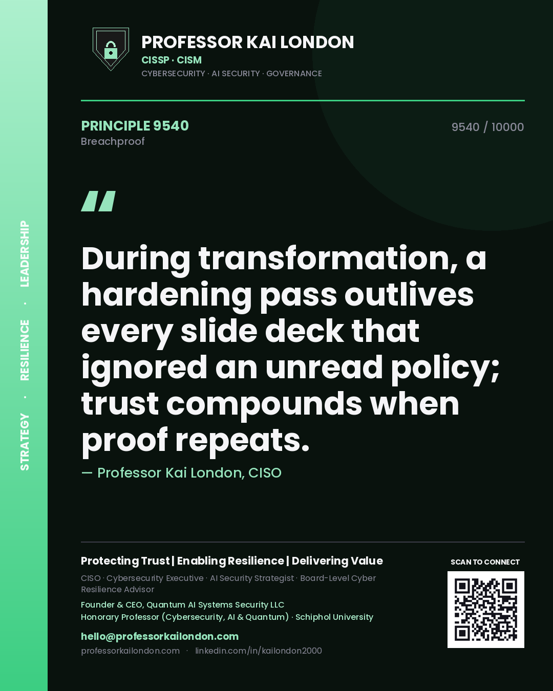 Quote card by Professor Kai London reading 'During transformation, a hardening pass outlives every slide deck that ignored an unread policy; trust compounds when proof repeats.'. From the book Breachproof.