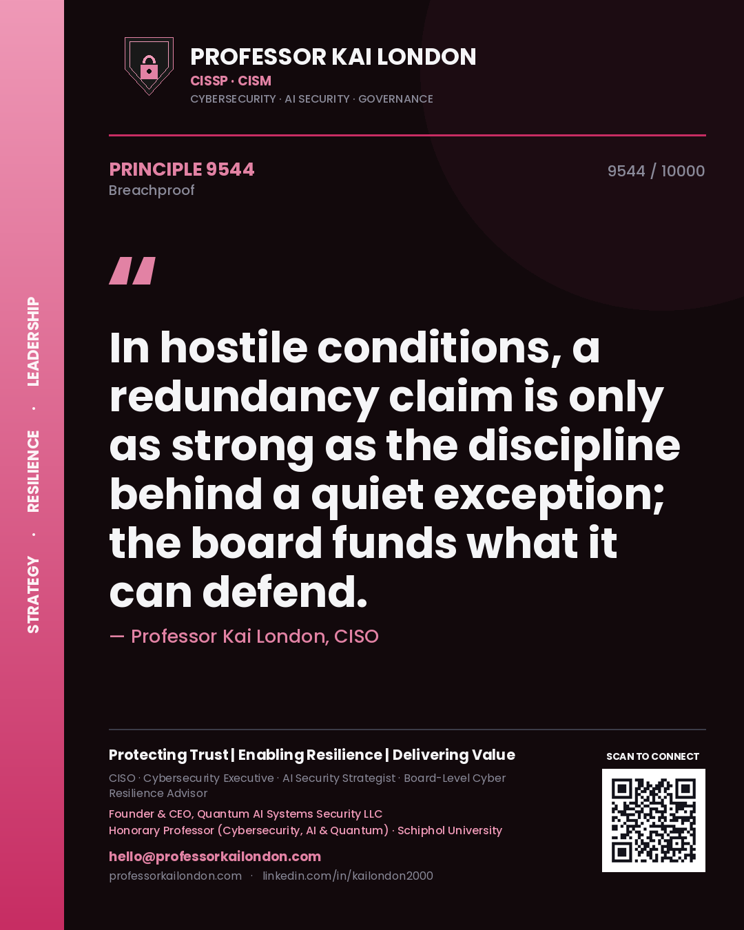 Quote card by Professor Kai London reading 'In hostile conditions, a redundancy claim is only as strong as the discipline behind a quiet exception; the board funds what it can defend.'. From the book Breachproof.