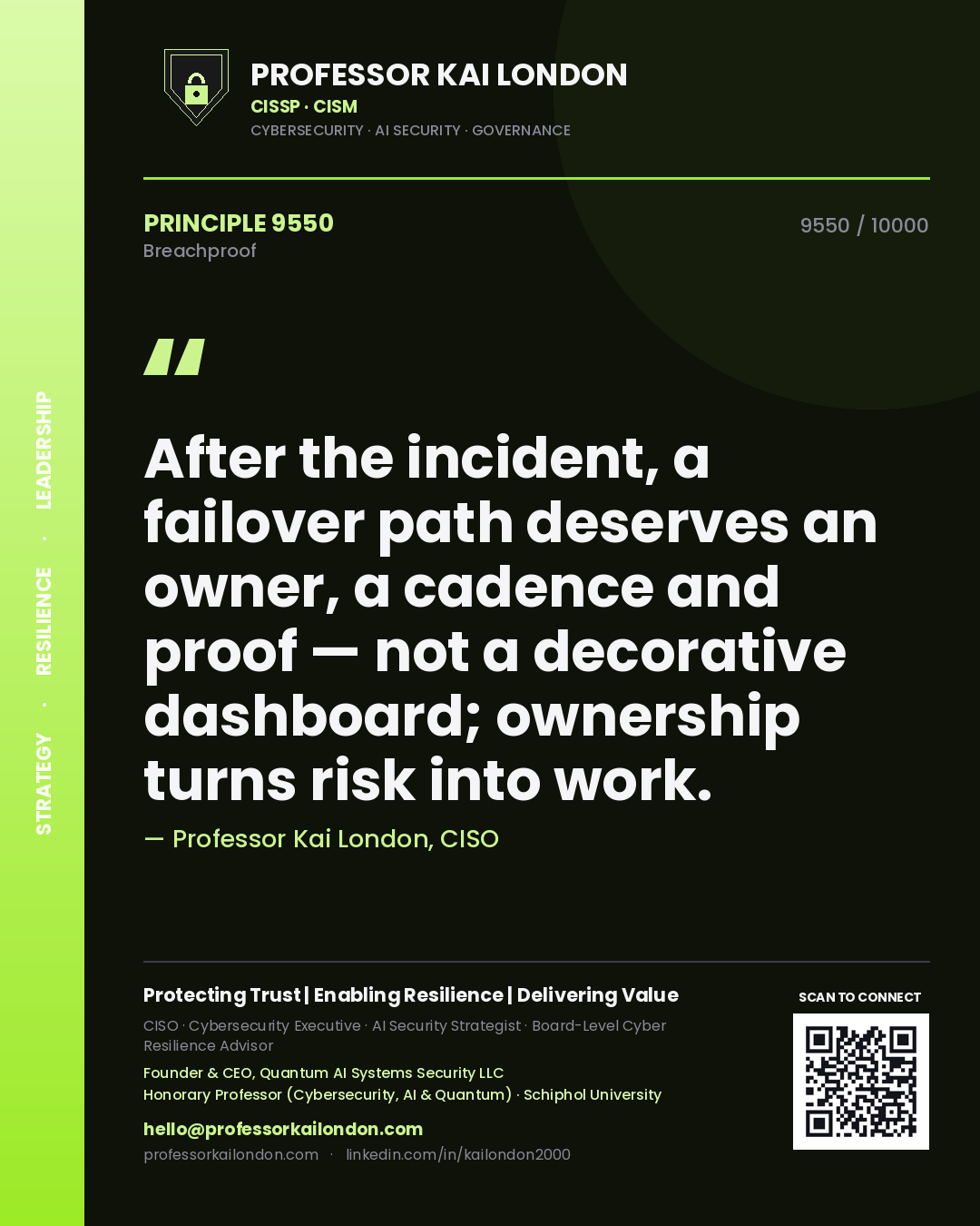 Quote card by Professor Kai London reading 'After the incident, a failover path deserves an owner, a cadence and proof — not a decorative dashboard; ownership turns risk into work.'. From the book Breachproof.