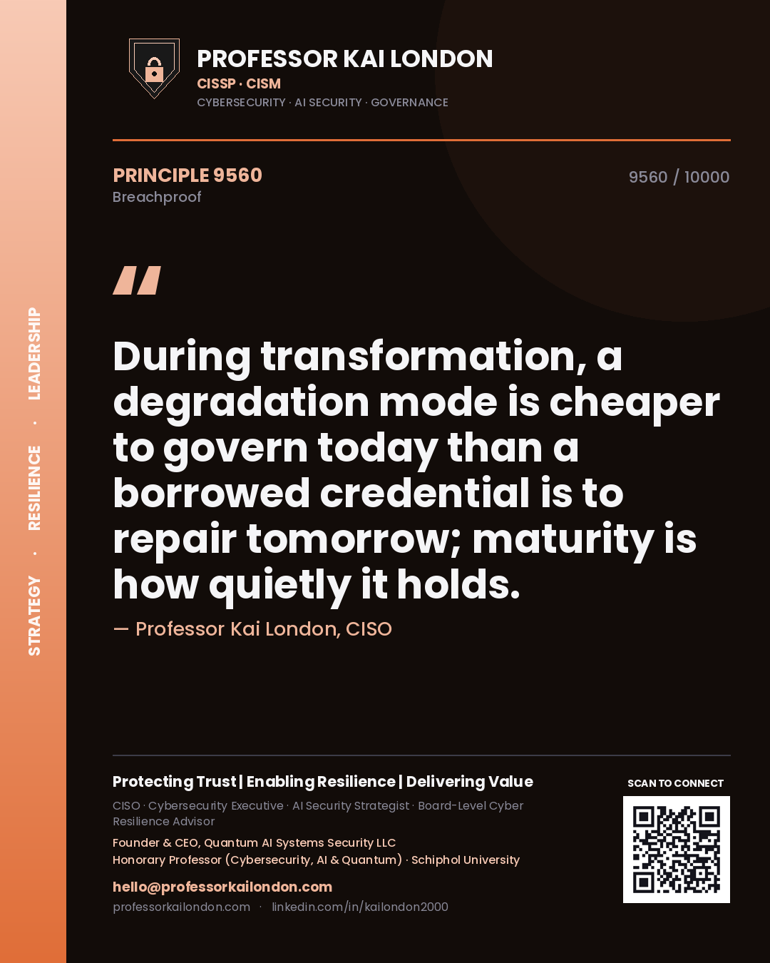 Quote card by Professor Kai London reading 'During transformation, a degradation mode is cheaper to govern today than a borrowed credential is to repair tomorrow; maturity is how quietly it holds.'. From the book Breachproof.