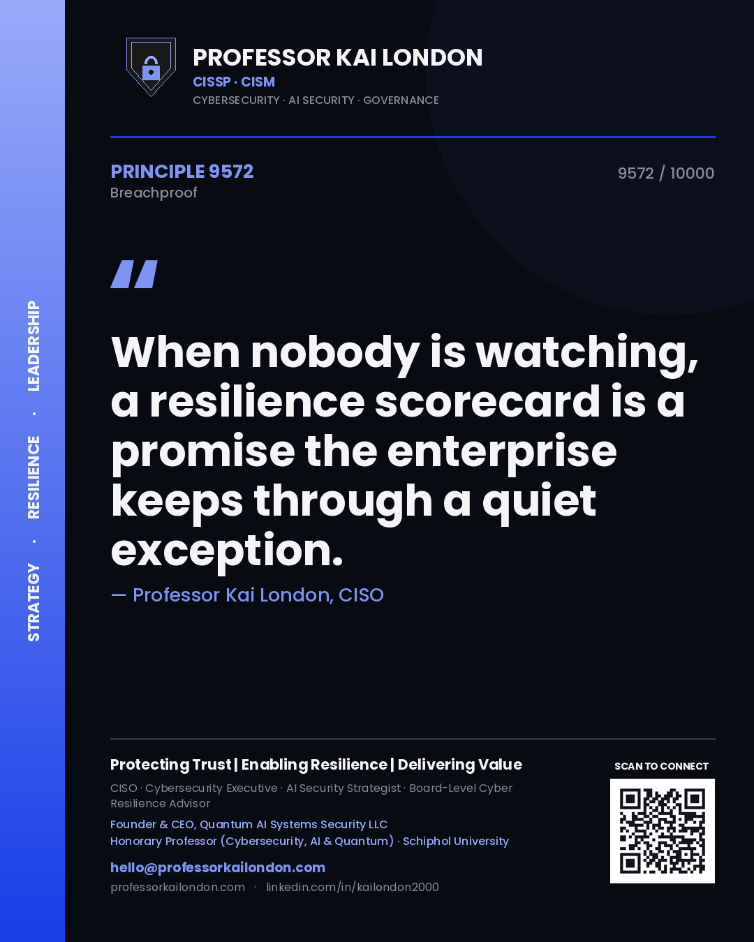 Quote card by Professor Kai London reading 'When nobody is watching, a resilience scorecard is a promise the enterprise keeps through a quiet exception.'. From the book Breachproof.