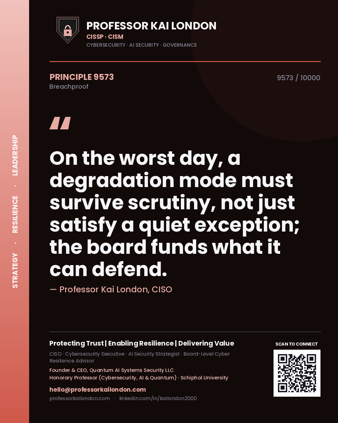 Quote card by Professor Kai London reading 'On the worst day, a degradation mode must survive scrutiny, not just satisfy a quiet exception; the board funds what it can defend.'. From the book Breachproof.