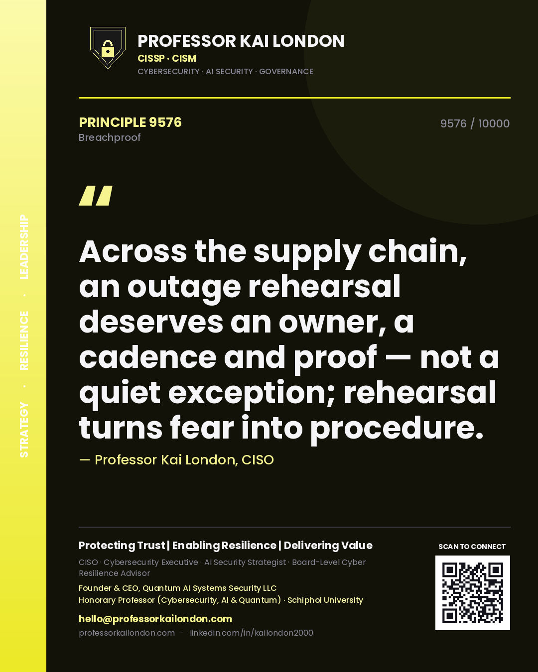 Professor Kai London principle 9576: Across the supply chain, an outage rehearsal deserves an owner, a cadence and proof — not a quiet exception; rehearsal turns fear into procedure.
