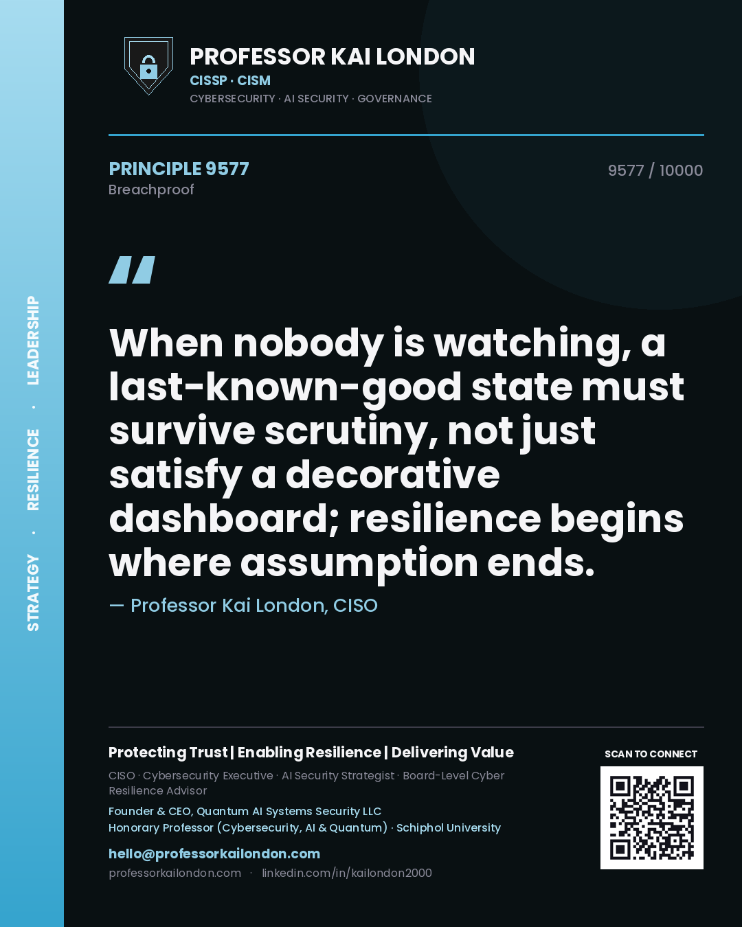 Quote card by Professor Kai London reading 'When nobody is watching, a last-known-good state must survive scrutiny, not just satisfy a decorative dashboard; resilience begins where assumption ends.'. From the book Breachproof.