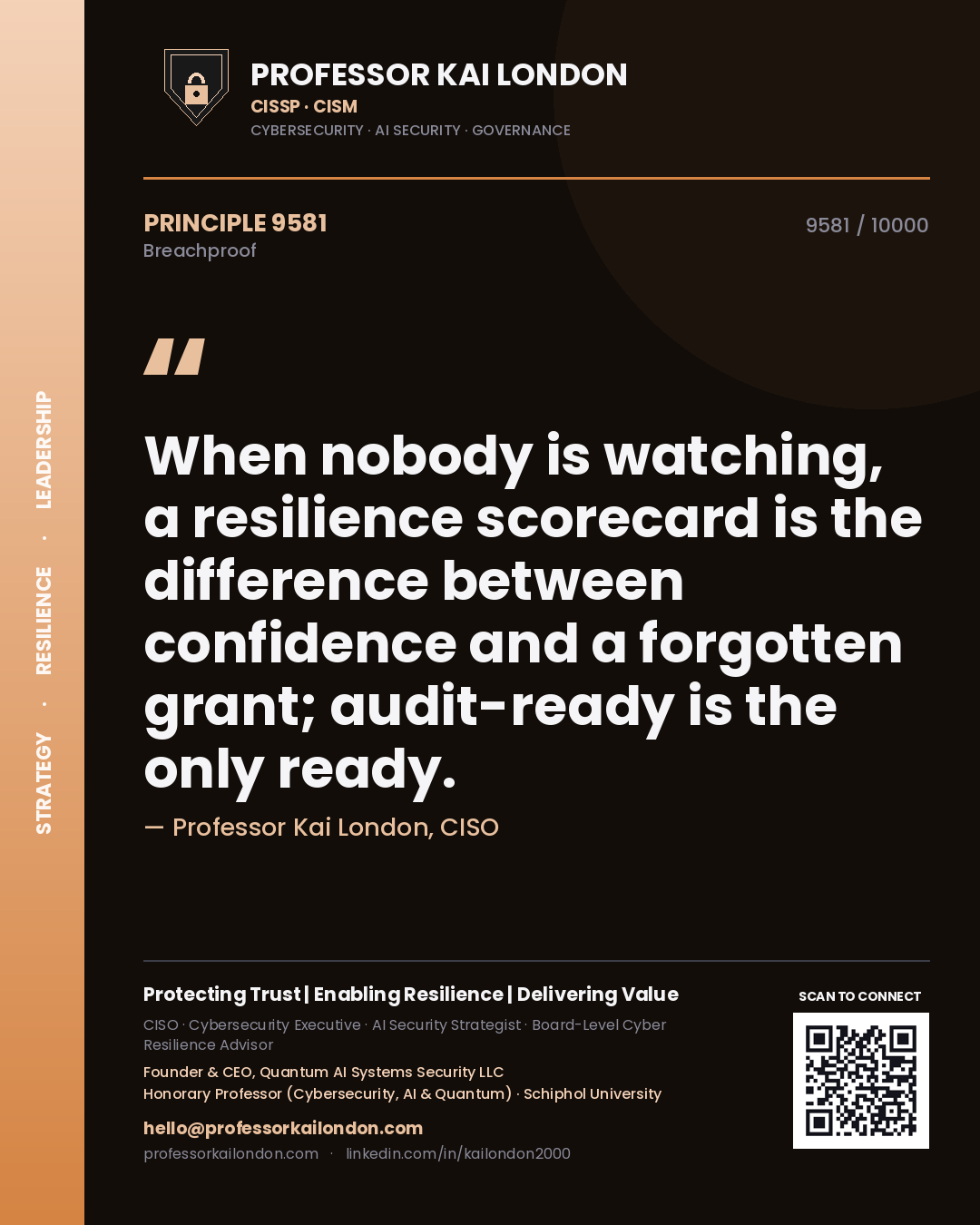 Quote card by Professor Kai London reading 'When nobody is watching, a resilience scorecard is the difference between confidence and a forgotten grant; audit-ready is the only ready.'. From the book Breachproof.