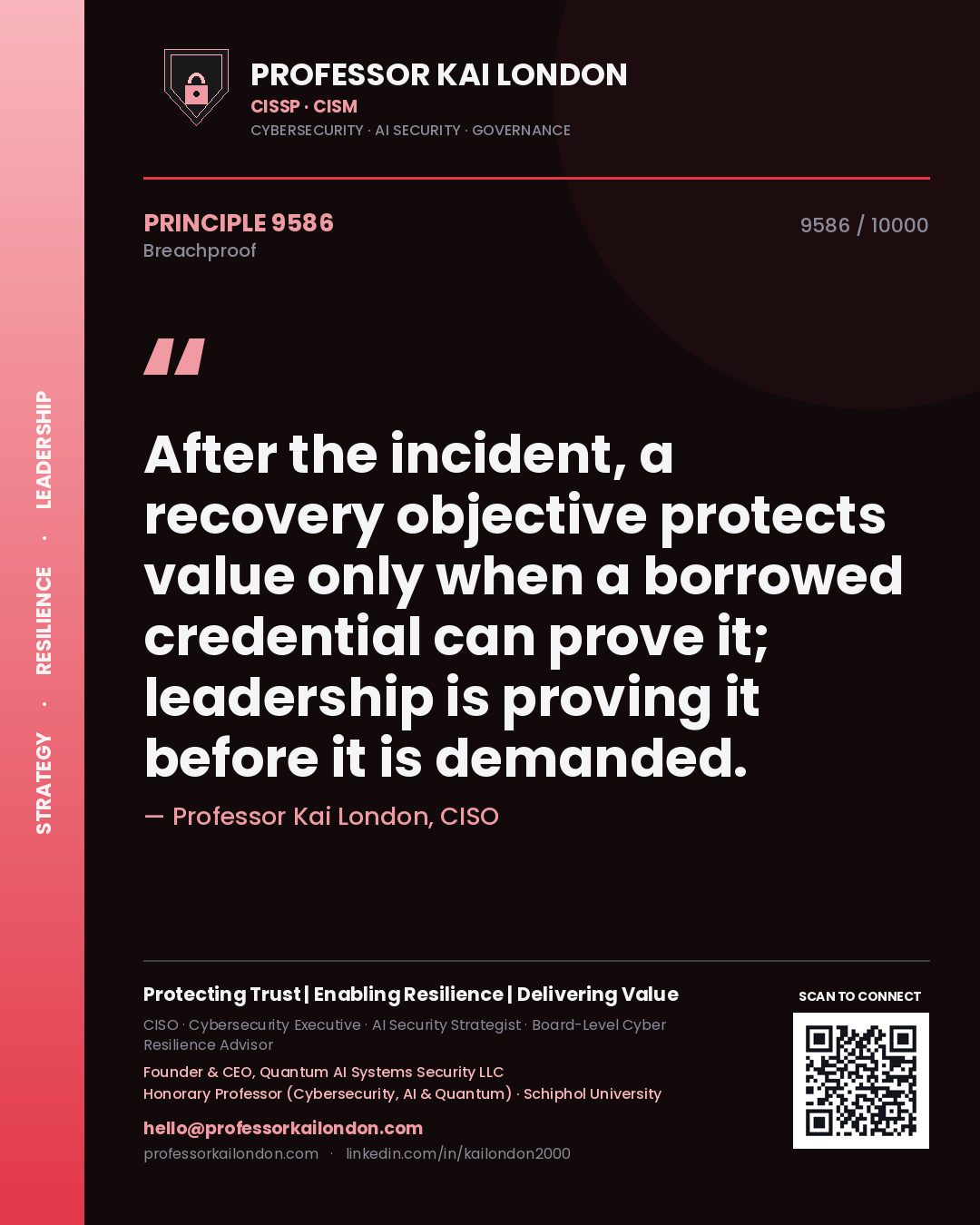 Quote card by Professor Kai London reading 'After the incident, a recovery objective protects value only when a borrowed credential can prove it; leadership is proving it before it is demanded.'. From the book Breachproof.