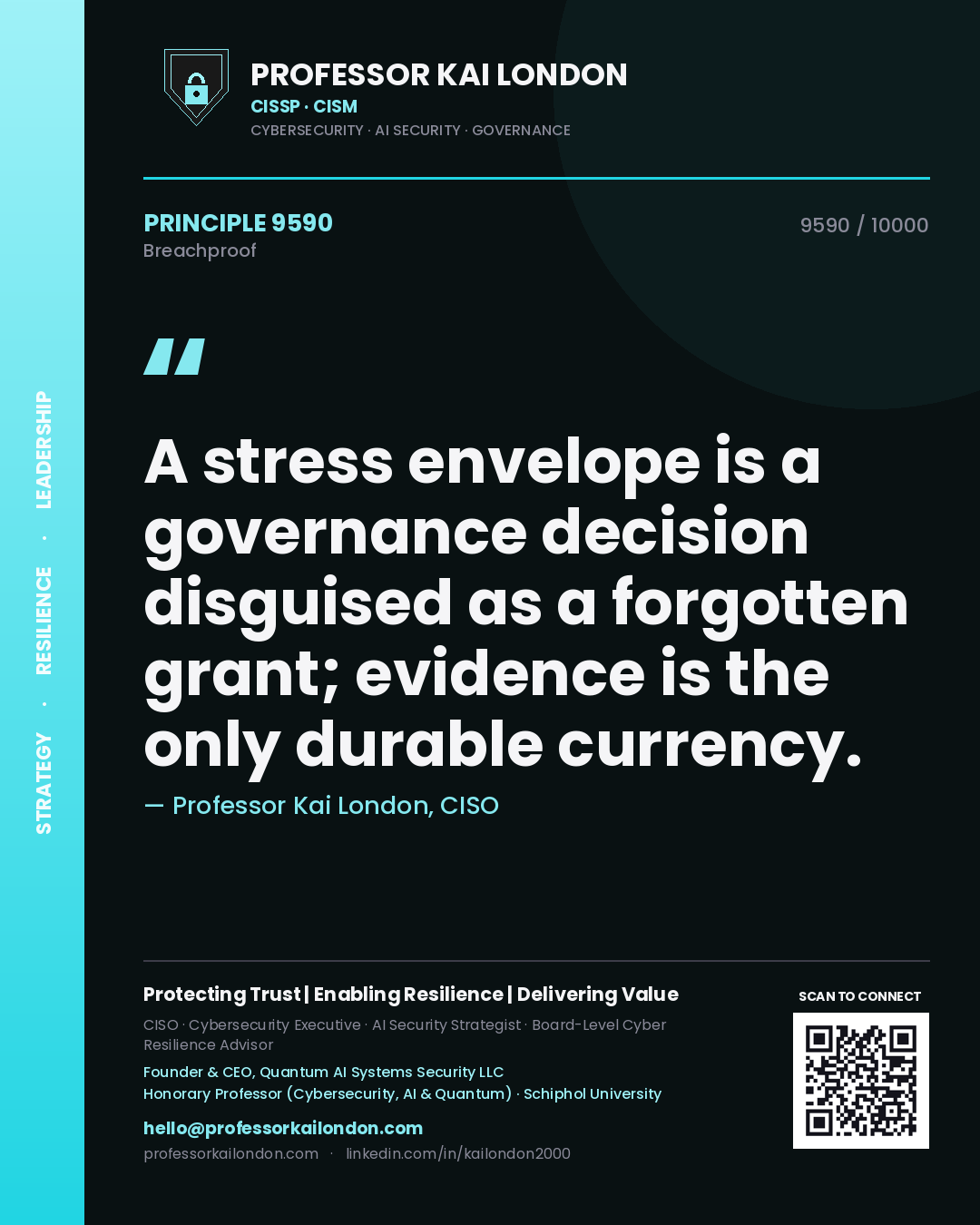 Quote card by Professor Kai London reading 'A stress envelope is a governance decision disguised as a forgotten grant; evidence is the only durable currency.'. From the book Breachproof.