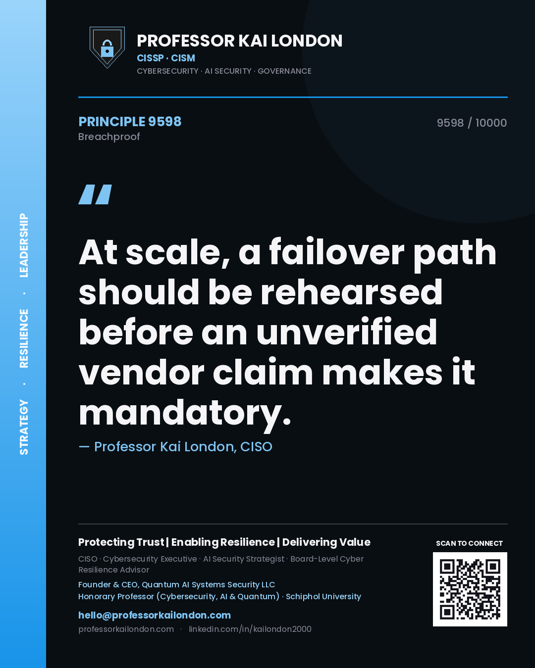Quote card by Professor Kai London reading 'At scale, a failover path should be rehearsed before an unverified vendor claim makes it mandatory.'. From the book Breachproof.
