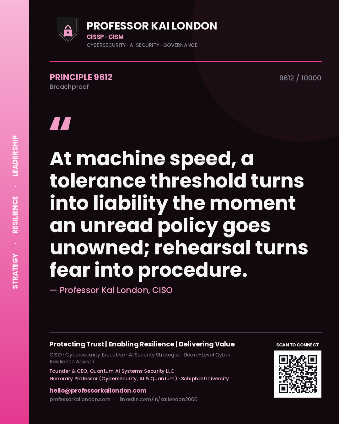 Quote card by Professor Kai London reading 'At machine speed, a tolerance threshold turns into liability the moment an unread policy goes unowned; rehearsal turns fear into procedure.'. From the book Breachproof.