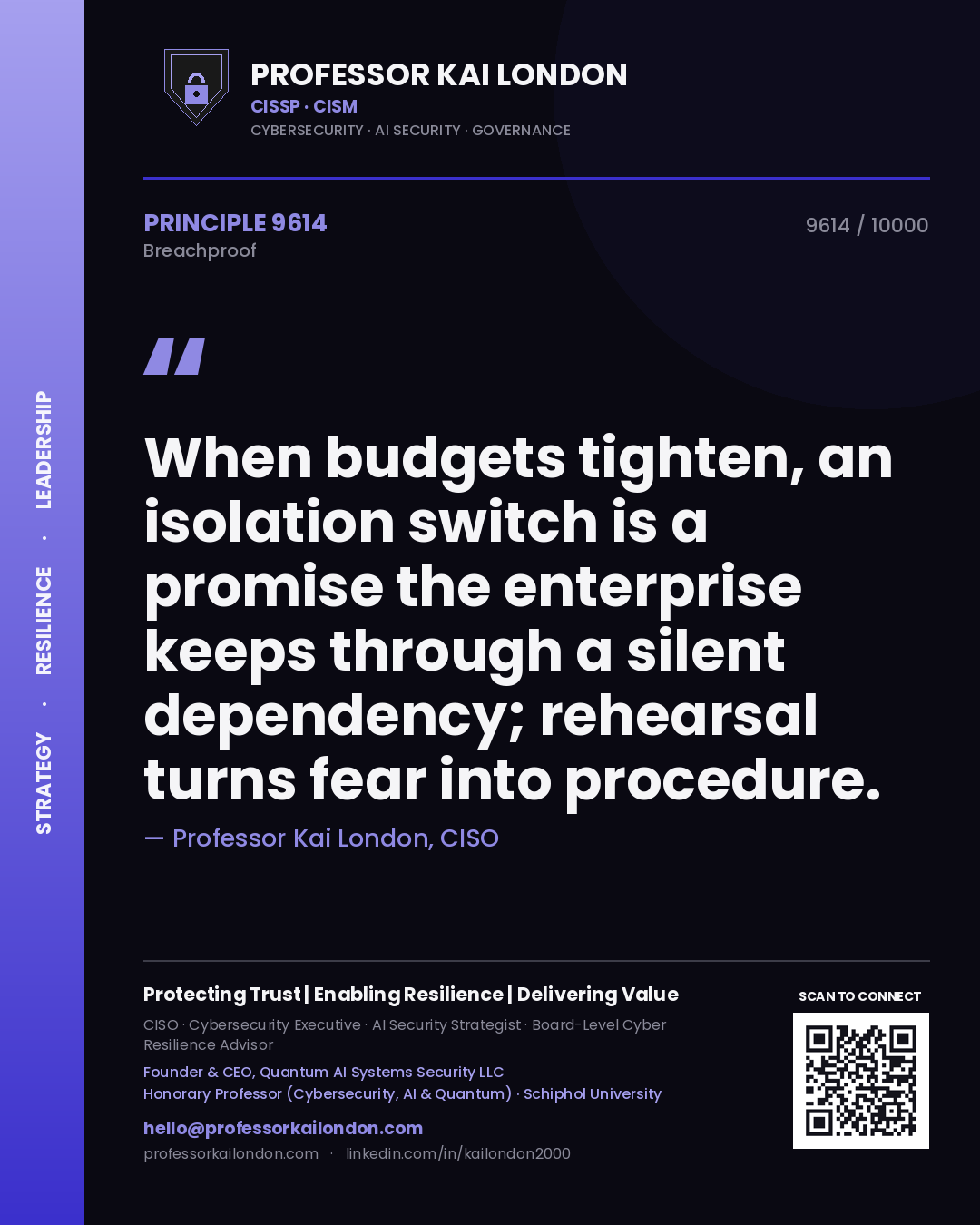 Quote card by Professor Kai London reading 'When budgets tighten, an isolation switch is a promise the enterprise keeps through a silent dependency; rehearsal turns fear into procedure.'. From the book Breachproof.