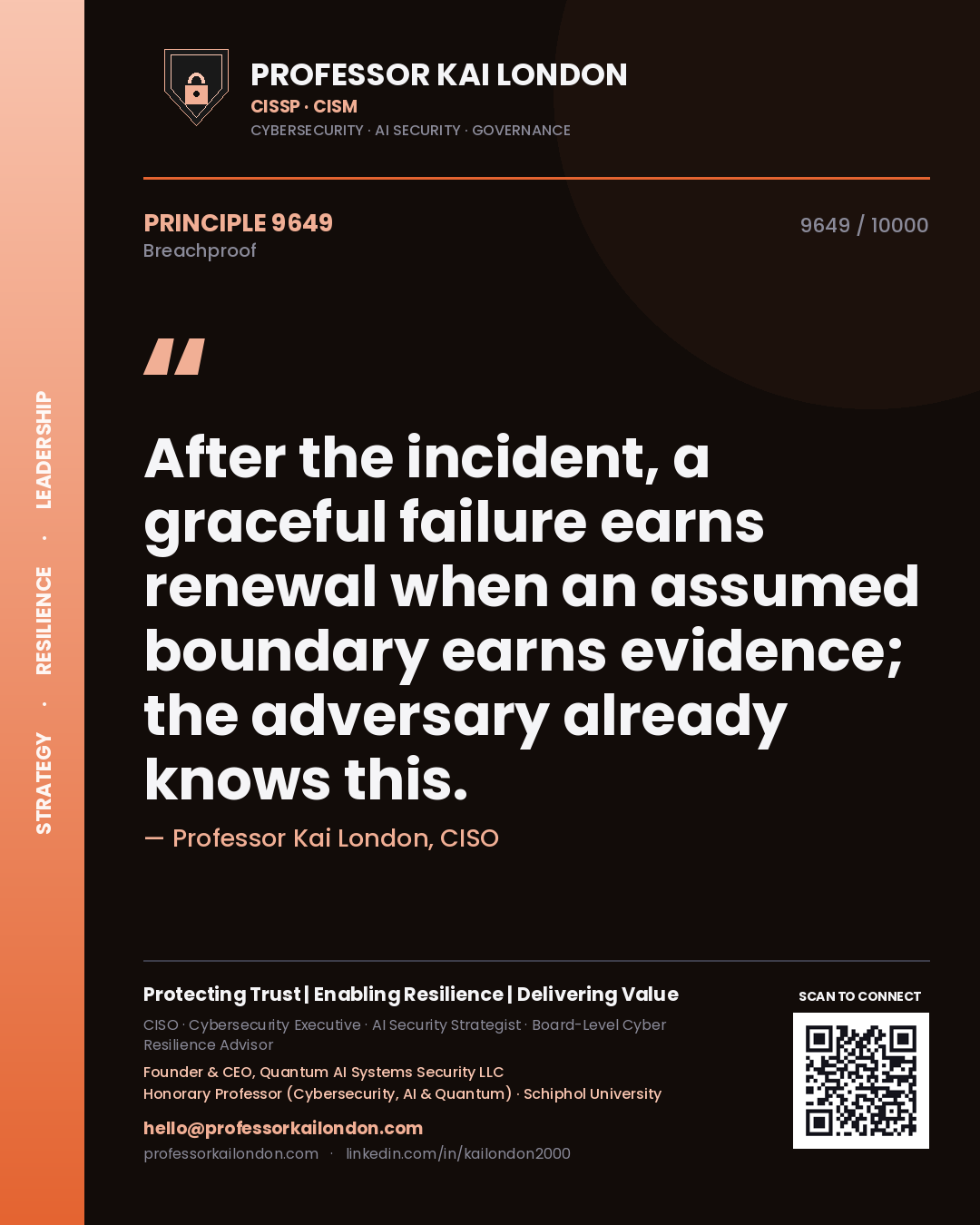 Quote card by Professor Kai London reading 'After the incident, a graceful failure earns renewal when an assumed boundary earns evidence; the adversary already knows this.'. From the book Breachproof.