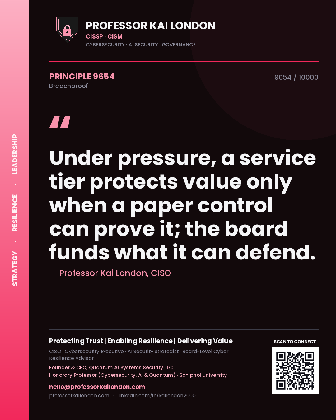 Quote card by Professor Kai London reading 'Under pressure, a service tier protects value only when a paper control can prove it; the board funds what it can defend.'. From the book Breachproof.