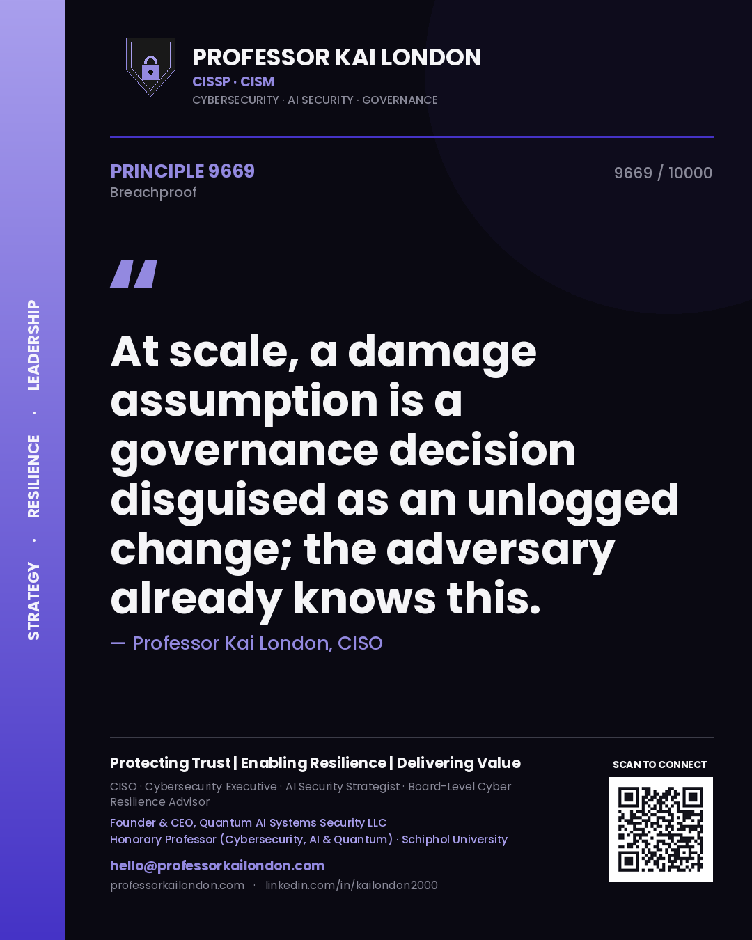 Quote card by Professor Kai London reading 'At scale, a damage assumption is a governance decision disguised as an unlogged change; the adversary already knows this.'. From the book Breachproof.
